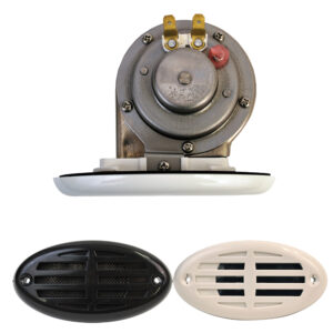 Boat horn with black and white grilles.