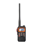 Handheld marine radio with antenna and display screen.