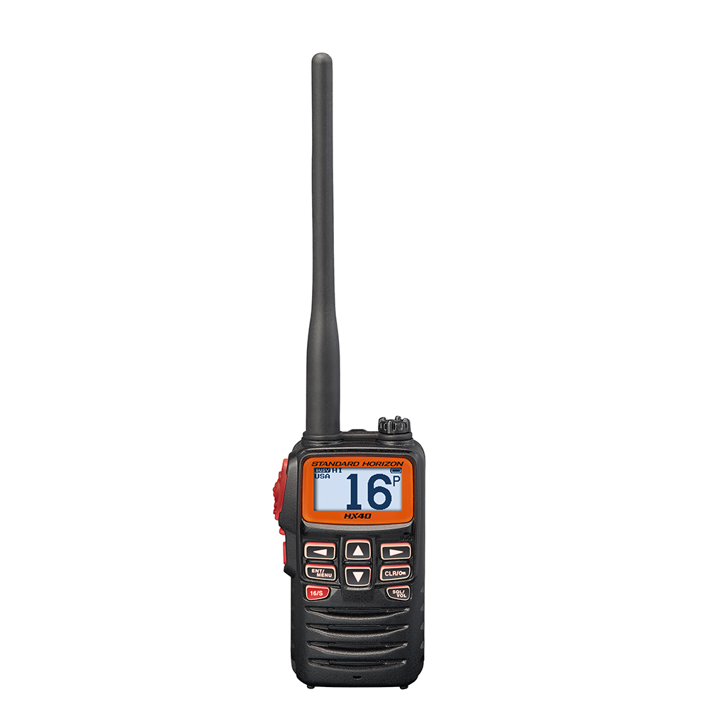 Handheld marine radio with antenna and display screen.