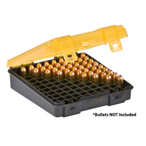 Open bullet storage case with yellow lid.