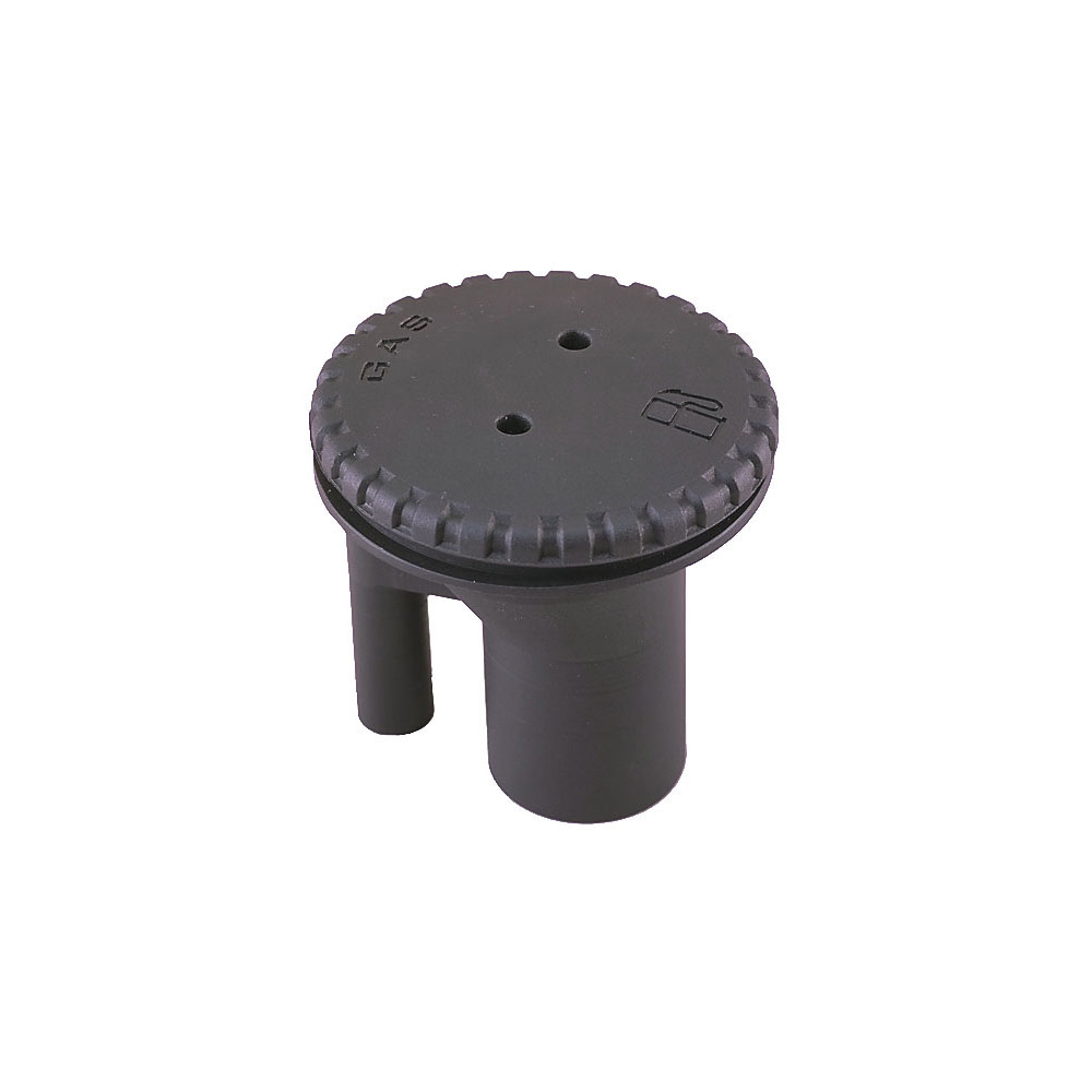 Black gas burner cap with two holes.
