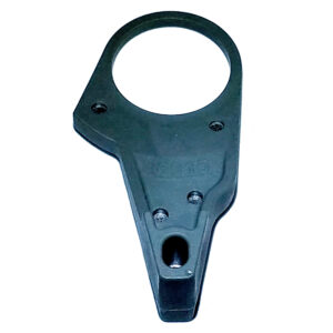 Black plastic automotive component with circular opening.