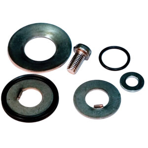 Assorted washers and bolts on white background