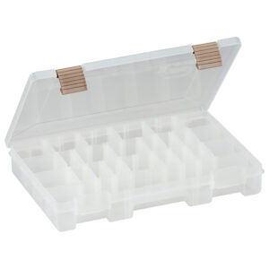 Plastic storage box with compartments, open lid.