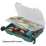 Open tackle box with colorful fishing lures.