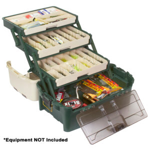 Open tackle box with multiple compartments for storage.