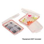 Plastic fishing tackle boxes with compartments.