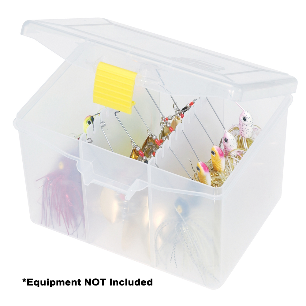 Clear plastic tackle box with yellow latch.