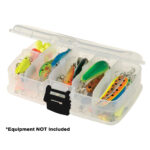 Clear tackle box with colorful fishing lures.