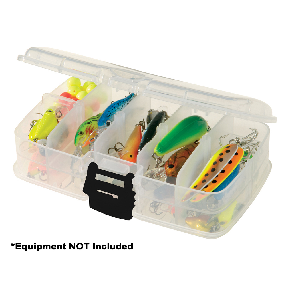 Clear tackle box with colorful fishing lures.