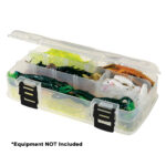 Clear tackle box with artificial lures inside.