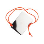 Metal signal mirror with orange cord.