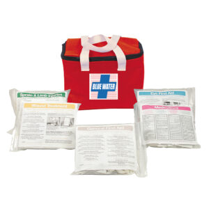 Red first aid kit with labeled medical supplies