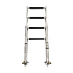 Collapsible stainless steel boat ladder on white background.