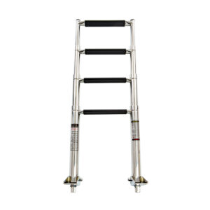 Collapsible stainless steel boat ladder on white background.