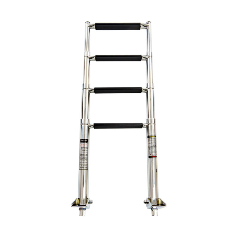 Collapsible stainless steel boat ladder on white background.