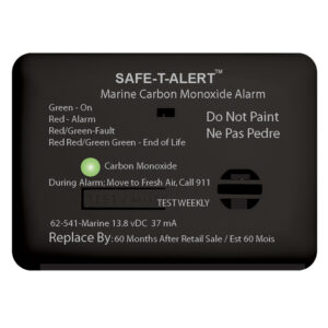 Marine carbon monoxide alarm instructions and warning labels.