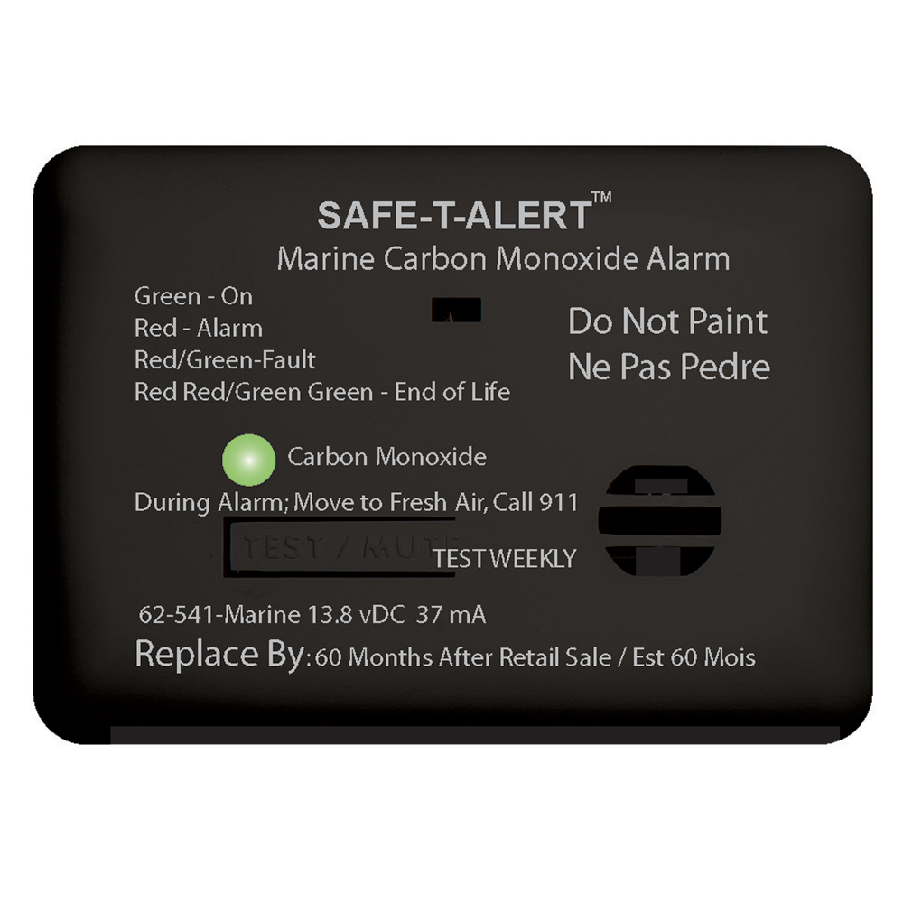 Marine carbon monoxide alarm instructions and warning labels.