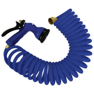 Blue coiled garden hose with spray nozzle