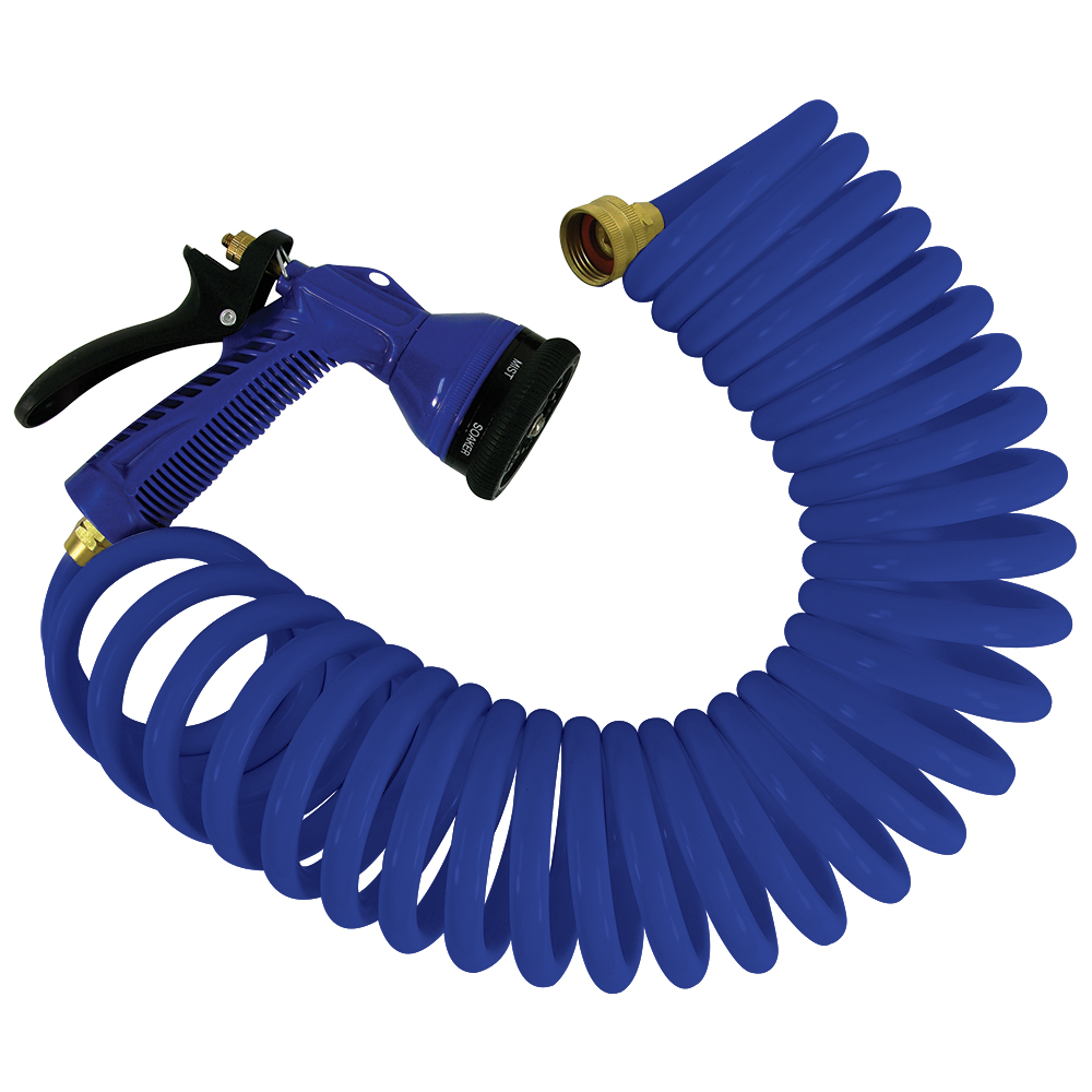 Blue coiled garden hose with spray nozzle
