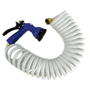 Coiled garden hose with adjustable spray nozzle