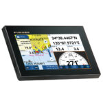 Marine GPS display with navigation data and map.