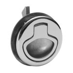 Chrome flush pull latch handle for doors.