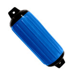 Blue boat fender with black ends on white background.