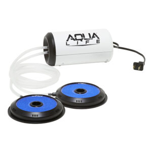Aquarium aeration system with white cylinder and tubes.