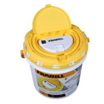 Fishing aerator bucket with yellow lid.