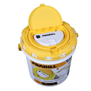 Fishing aerator bucket with yellow lid.