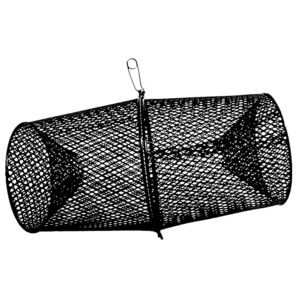 Black wire mesh fish trap on white background.
