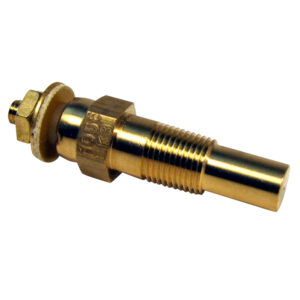 Brass temperature sensor component on white background.