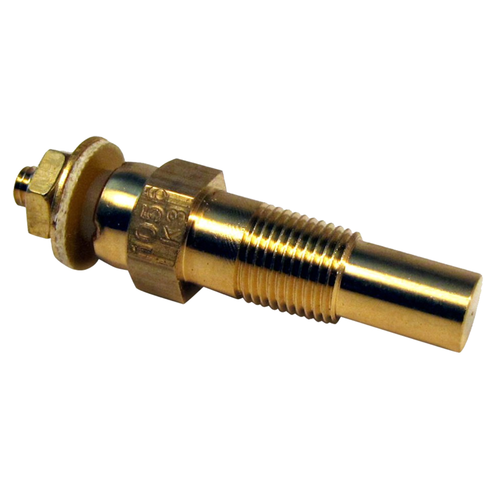 Brass temperature sensor component on white background.