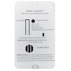 Marine carbon monoxide alarm label with instructions.