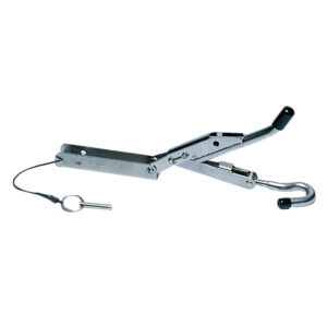 Metal boat trailer winch with hook and cable.