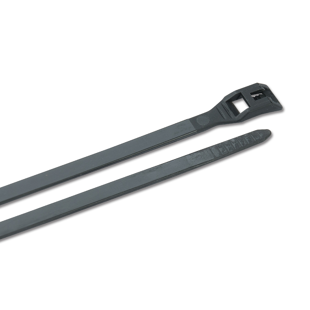 Black plastic cable ties on white background.