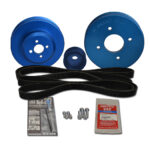Blue engine pulley kit with accessories.