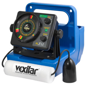Vexilar fish finder with transducer and display.