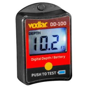 Vexilar DD-100 depth gauge showing 10.2 feet.