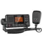 Garmin marine radio with microphone on white background.