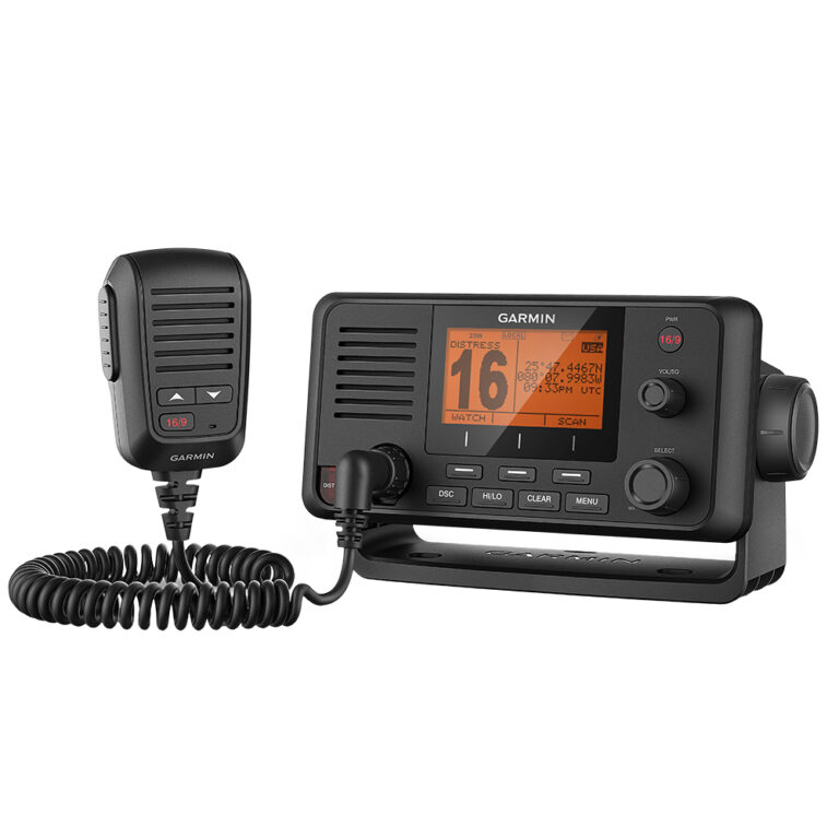 Garmin marine radio with handheld microphone and display.