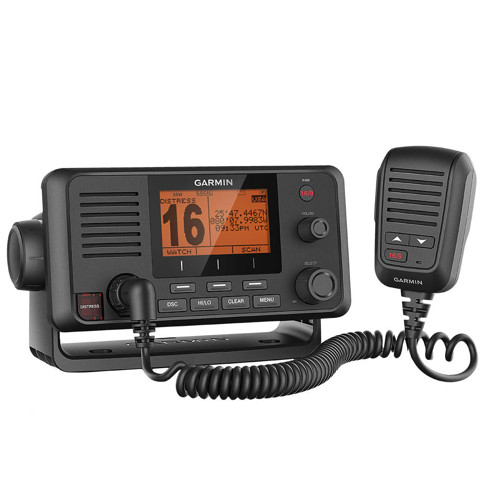 Garmin VHF marine radio with display and microphone