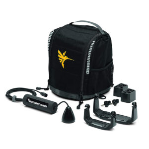 Black fishing backpack with accessories and logo.