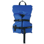 Blue life jacket with adjustable straps.
