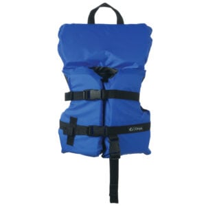 Blue life jacket with adjustable straps.