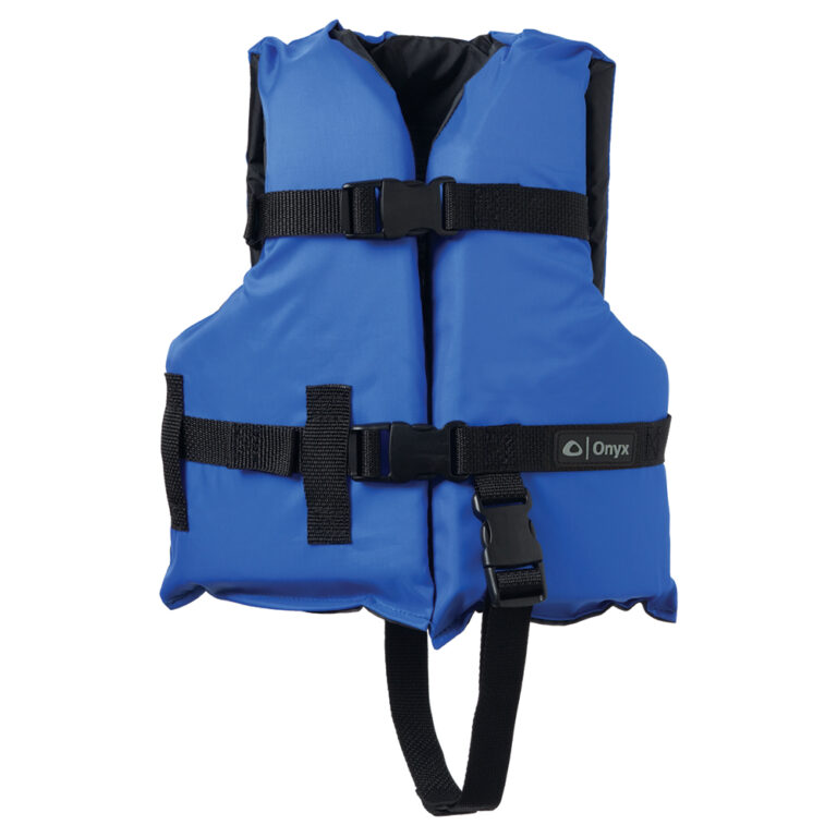 Blue life jacket with adjustable straps