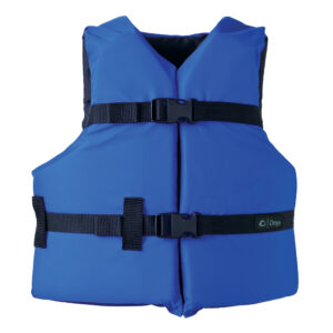 Blue life jacket with black buckles