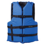 Blue life jacket with adjustable straps.
