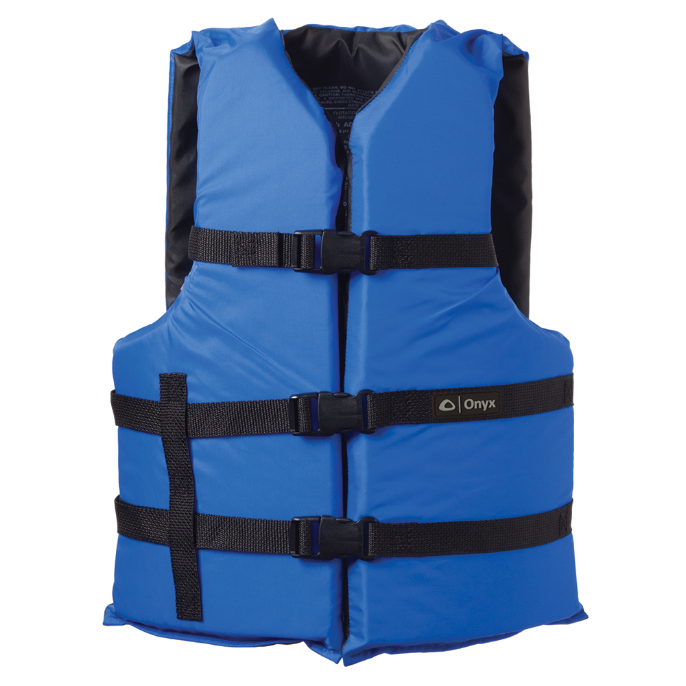 Blue life jacket with adjustable straps.